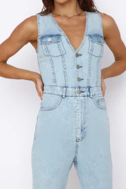 Rompers|Jumpsuits>Hello Molly Wherever I Go Jumpsuit Blue Denim