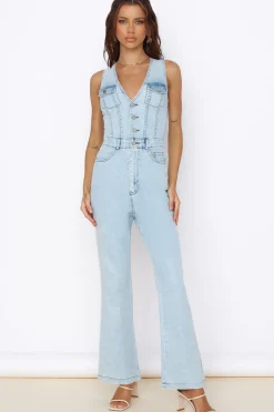 Rompers|Jumpsuits>Hello Molly Wherever I Go Jumpsuit Blue Denim