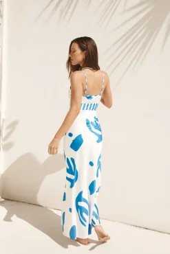 Spring Break Dresses|Brunch Dresses>Hello Molly Whirlwind Skies Satin Maxi Dress Blue