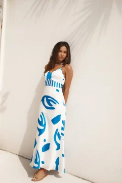 Spring Break Dresses|Brunch Dresses>Hello Molly Whirlwind Skies Satin Maxi Dress Blue