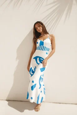 Spring Break Dresses|Brunch Dresses>Hello Molly Whirlwind Skies Satin Maxi Dress Blue