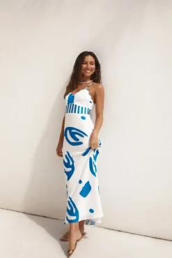 Spring Break Dresses|Brunch Dresses>Hello Molly Whirlwind Skies Satin Maxi Dress Blue