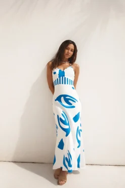 Spring Break Dresses|Brunch Dresses>Hello Molly Whirlwind Skies Satin Maxi Dress Blue