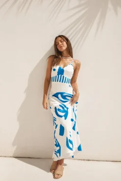 Spring Break Dresses|Brunch Dresses>Hello Molly Whirlwind Skies Satin Maxi Dress Blue