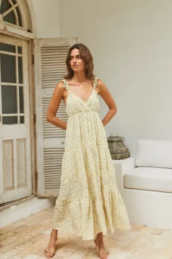 Vacation Dresses|Date Night Dresses>MABLE Willow Bloom Maxi Dress Yellow