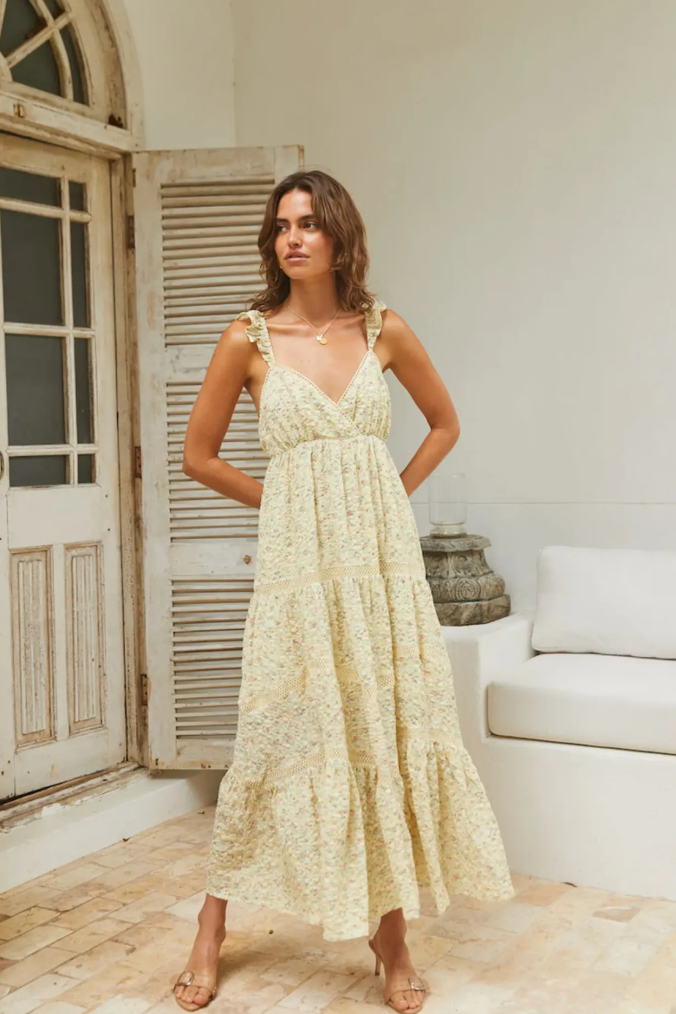 Vacation Dresses|Date Night Dresses>MABLE Willow Bloom Maxi Dress Yellow