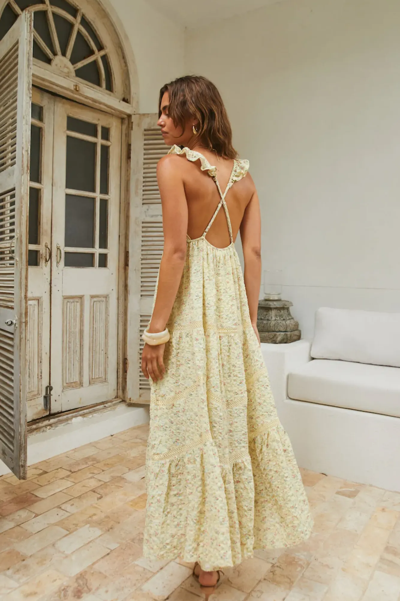 Vacation Dresses|Date Night Dresses>MABLE Willow Bloom Maxi Dress Yellow