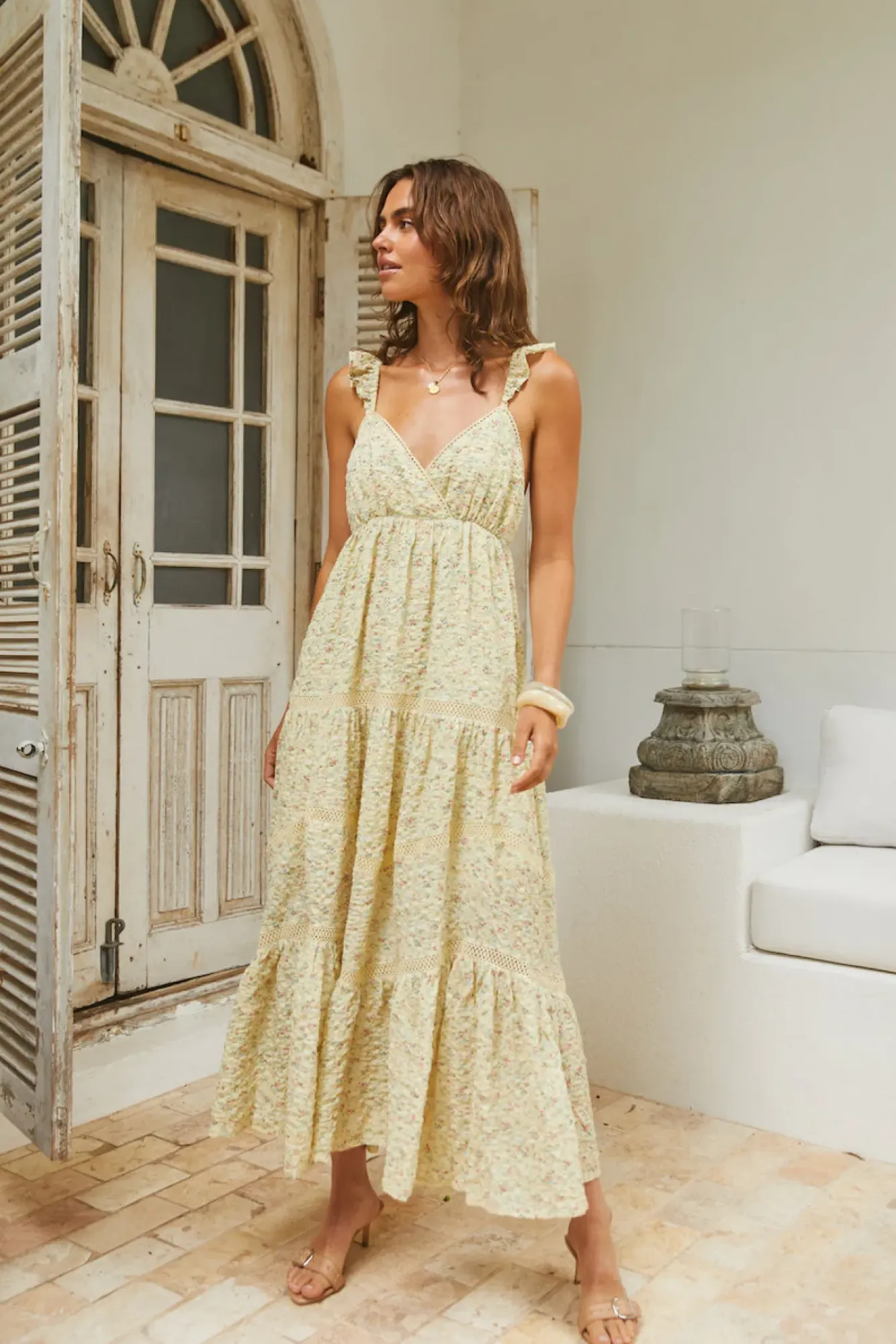 Vacation Dresses|Date Night Dresses>MABLE Willow Bloom Maxi Dress Yellow