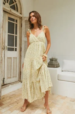 Vacation Dresses|Date Night Dresses>MABLE Willow Bloom Maxi Dress Yellow