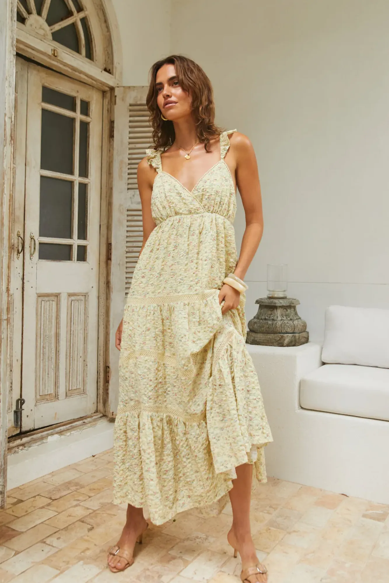Vacation Dresses|Date Night Dresses>MABLE Willow Bloom Maxi Dress Yellow