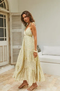Vacation Dresses|Date Night Dresses>MABLE Willow Bloom Maxi Dress Yellow