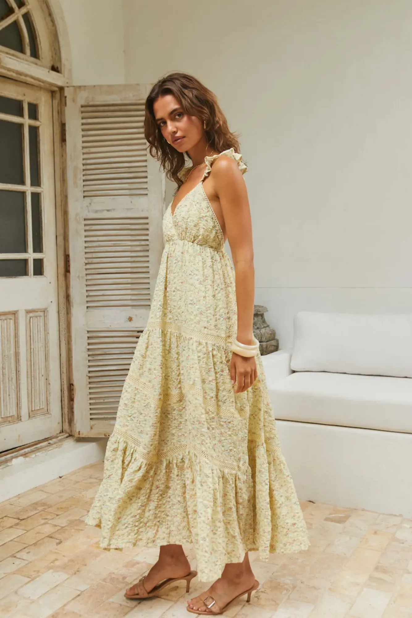 Vacation Dresses|Date Night Dresses>MABLE Willow Bloom Maxi Dress Yellow